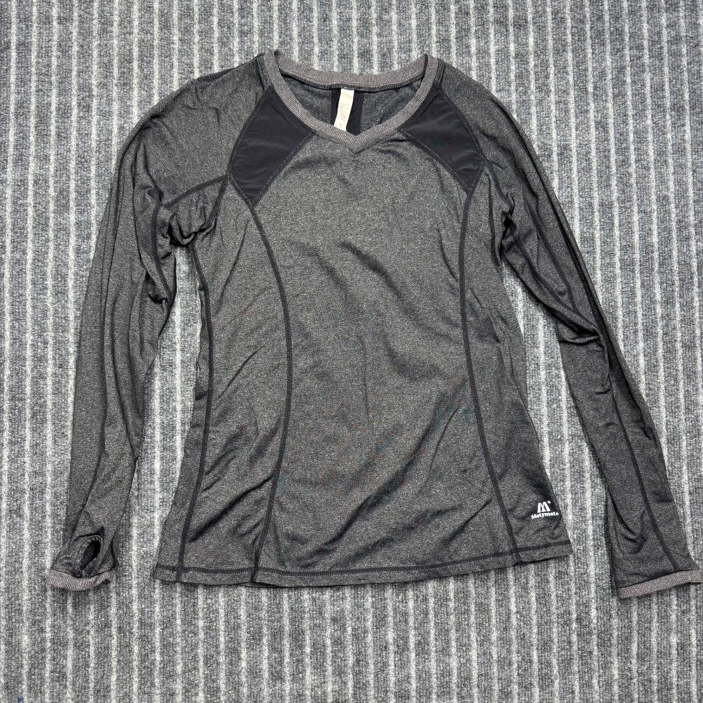 Matymats Womens Activewear Top Size 10 Gray Heather Long Sleeve Mesh V-Neck Yoga